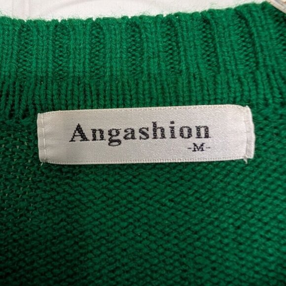 Angashion Snow Leopard Sweater Womens Size Medium Green Artsy Animal Print Knit - Picture 3 of 9